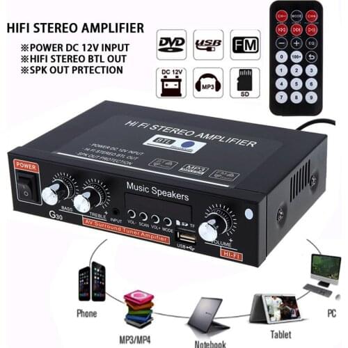 800W G30 HIFI Bluetooth-compatible Car Audio Power Sound Amplifier FM Radio Player Support SD/USB/DVD/MP3 with Remote Controller