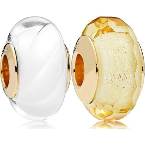White Waves Shine Golden Faceted Rose Murano Glass Charm 925 Sterling Silver Original Bead Fit Pandora Bracelet DIY Jewelry