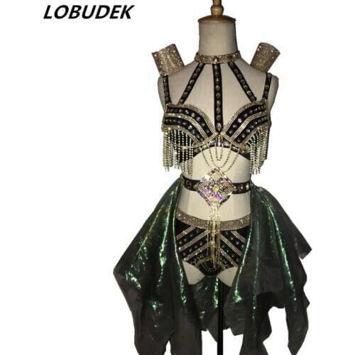 Sparkly Tassels Crystals set sexy female costumes Nightclub Bar DJ Singer DS Costume Dancer Jazz performance stage outfit