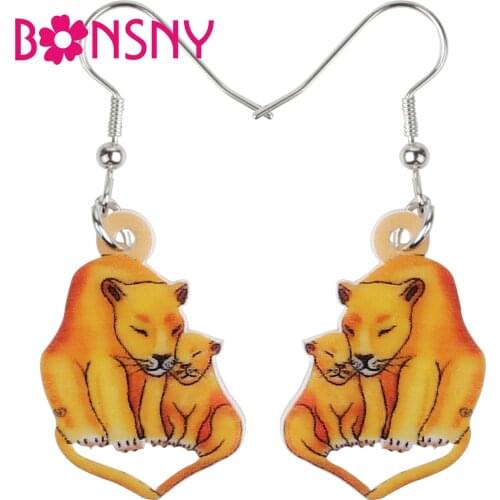 BONSNY Mothers Day Acrylic Orange Baby Lion Earrings Big Long Drop Dangle Fashion Novelty Jewelry Charms For Women Girls Gifts