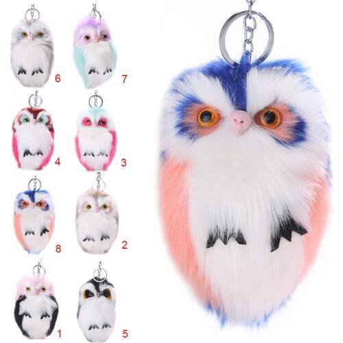 Women Beauty Faux Rabbit Fur Key Holder Girls Cute Owl Pendant Keys Ring Ladies Individuality Fashion Handbag Keychains Keyring