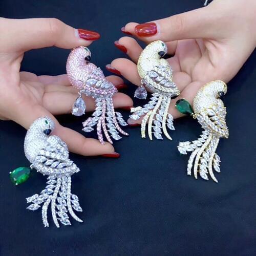 Bird brooch pins parrot 925 sterling silver with cubic zircon white pink yellow color fine women jewelry high quality