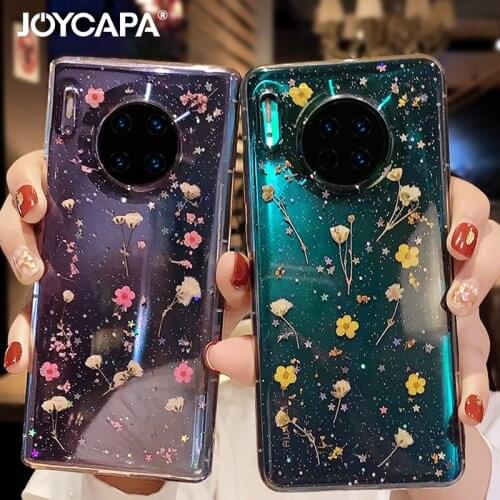 Real Dried Flower Case For Huawei P30 P20 Pro P20 P40 Lite Mate Honor 20 30 Pro Nova 4 5 6 7 Glitter Dream Clear Back Cover