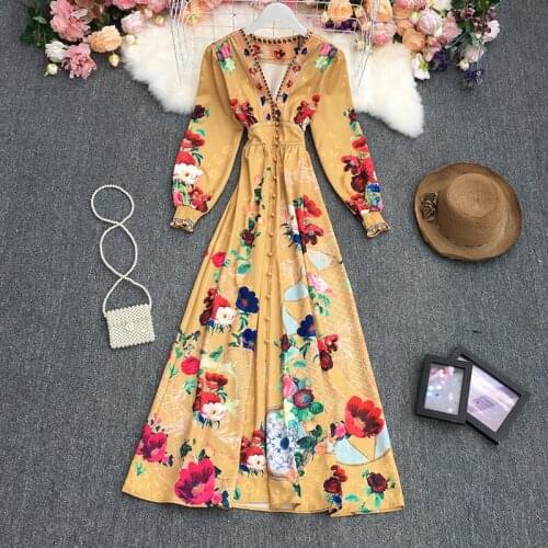 Fitaylor Spring Autumn Elegant V-neck Printing Long Sleeve Dresses Vintage Single Breasted Floral High Waist A-line Long Dresses