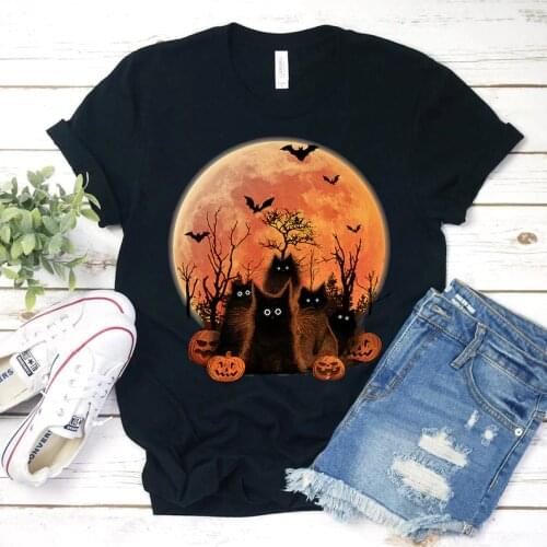 Halloween Black Cats & Pumpkins for Lovers Gift Cat Mom Mama Mother Lovers Aesthetic 100% cotton O Neck Top Tee Drop Shipping
