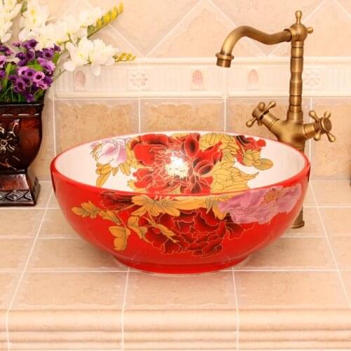 China Painting cordate telosma Ceramic Painting Art Lavabo Bathroom Vessel Sinks Round counter top small size sink