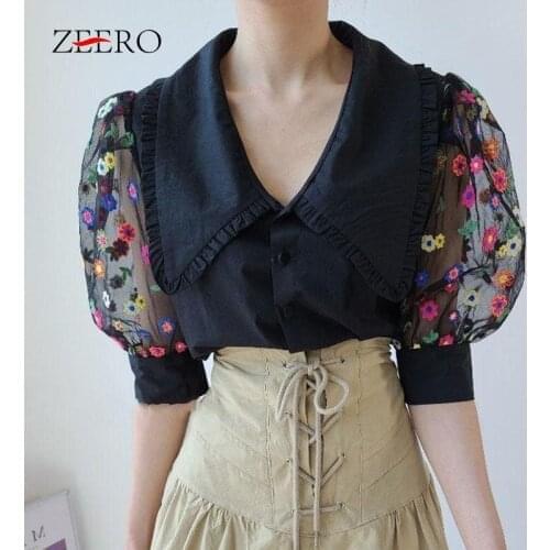 Korean Women Floral Emboridery Mesh Patchwork Lantern Sleeve Sexy Shirts Summer Womens Tops and Blouses Streetwear Blusas Mujer