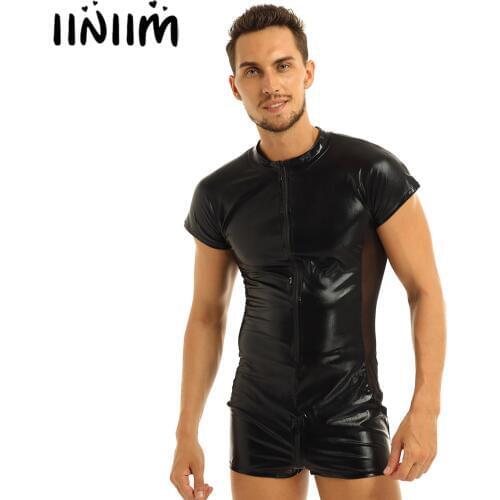 Iiniim Bodysuit Leather Mens Front Zipper One-piece Jockstraps Leotard Bodysuit with See-through Mesh Side for Night Club Party