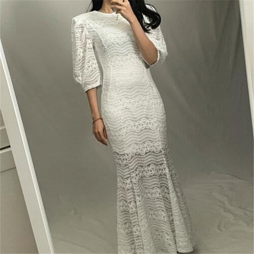 Palace Style Lace Jacquard Mermaid Puff Sleeve Dress
