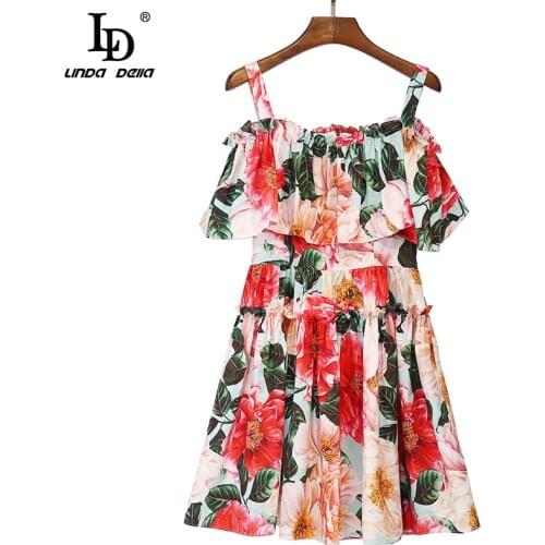 LD LINDA DELLA New 2021 Fashion Designer Summer Cotton Dress Women Spaghetti Strap Ruffles Floral print Elegant Vacation Dress