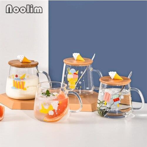 High Borosilicate Glass Cute Cartoon Coffee Milk Mug with Lid and Spoon Heat Resistant Transparent Water Tea Cup Drinkware