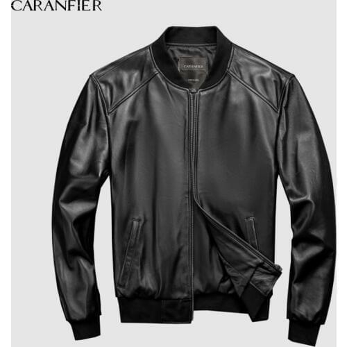 CARANFEIR Brand Baseball Genuine Leather Jacket Mens 100% Sheepskin New Style Clothes Fashion Motor Biker Black Leather Jackets