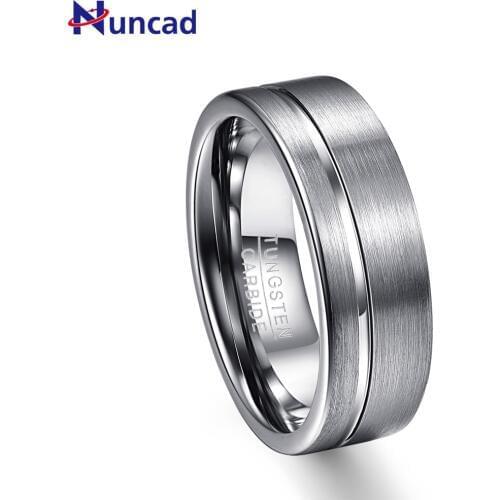 NUNCAD 8mm Mens Polished Grooved Tungsten Carbide Rings Grey Brushed Wedding Bands Flat Edge Comfort Fit Size 7-12 T030R