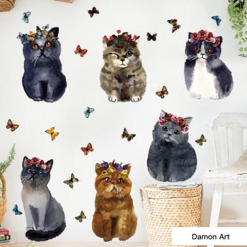 Cat Animal Cartoon Wall Sticker DIY Painting In Water Colours Wall Pictures for Living Room Kids Room Decoration Wallpaper