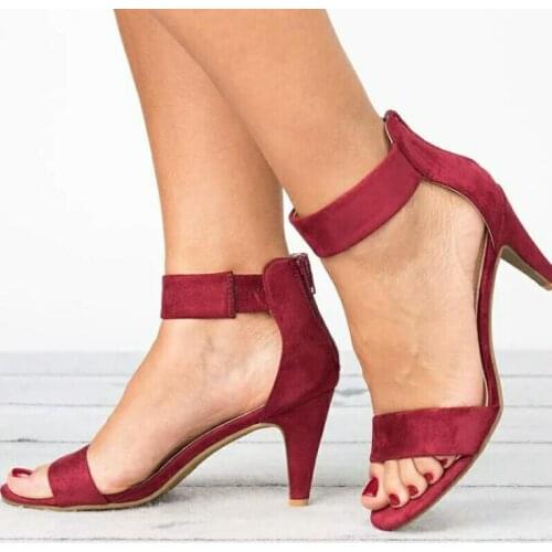 2021 Summer New Large Size Stiletto Mid-heeled Womens Sandals, Female Back Zipper Suede and Thin Sandals