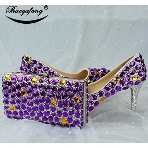 BaoYaFang New Women wedding shoes and bags High heels platform shoes Ladies Paty shoes woman Purple Gold crystal shoe and purse