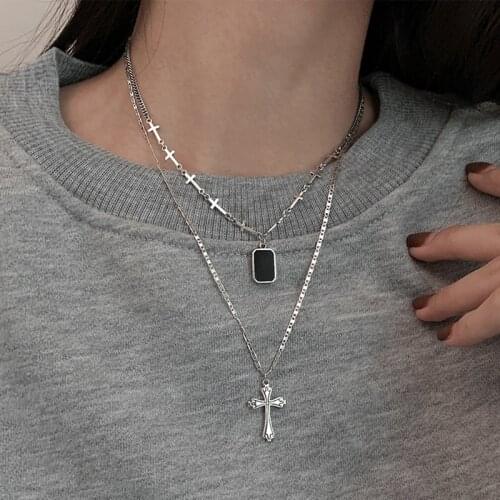 S925 Sterling Silver Necklace for Women Simple Cross Necklace Letter Square Brand Retro Clavicle Chain Jewelry Wholesale