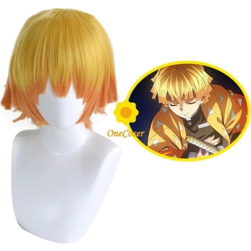 Anime Demon Slayer Agatsuma Zenitsu Wig Cosplay Yellow Upturned Short Hair Synthetic Hair + Free Wig Cap Party Role Play Men