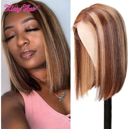 Klaiyi Hair 13x4 Straight Lace Front Bob Wig Brazilian Highlight Human Hair Lace Frontal Wigs For Women Remy Hair Short Bob Wig