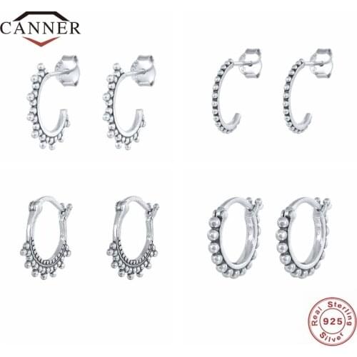 CANNER 925 Sterling Silver Retro Personality Round Bead Stud Earrings for Women Piercing Earring Jewelry Gift Pendientes Brincos