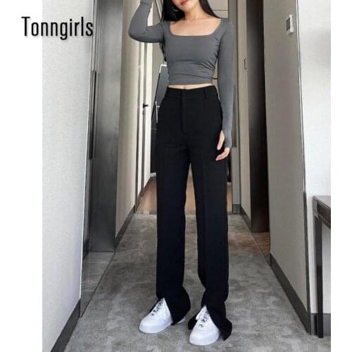 Tonngirls Summer Korean Long Split Suit Pants Bottoms Women Elegant Black Trousers High Waist Office Lady Straight Pant Femme