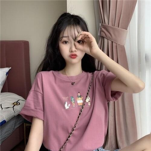 Cartoon Short Sleeve All Match Casual T-shirt Womens Bottoming Shirt Tops 2021 Summer Round Neck Girls Loose T Student Tshirt