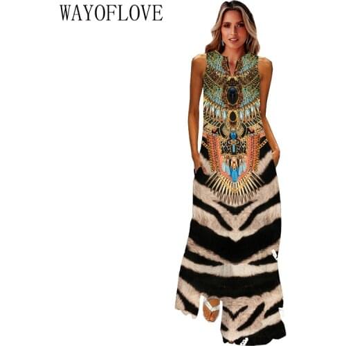 WAYOFLOVE Tiger Printed Dress 2021 Vintage V Neck Casual Breathable Long Dresses Summer Woman Sleeveless Beach Maxi Dress Women
