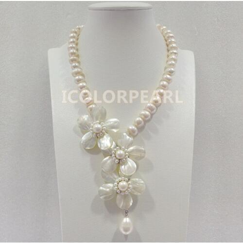 WEICOLOR Beautiful 9.5-10.5MM Semiround White Natural Freshwater Pearl And Shell Flower Necklace. Best Wedding Jewelry Gift