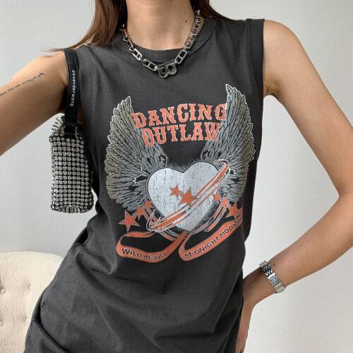 Vintage Love Wings Sleeveless Long T Shirts Dress Women Fashion Streetwear Tshirts 2021 Summer New Brand Ladies Harajuku Tees