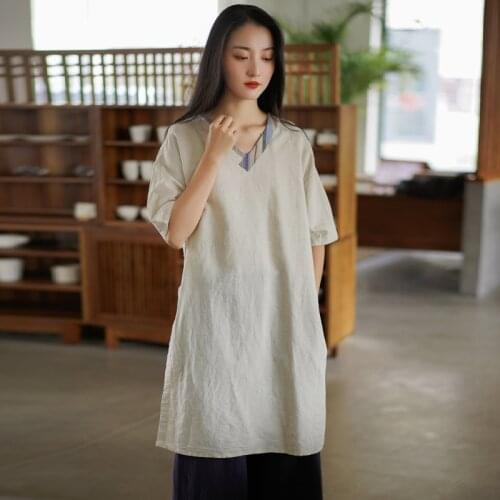 Aransue Cotton Linen Womens 2021 New Short Sleeve Shirt Long Design Summer V-Neck Split Tshirt