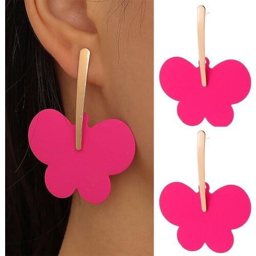 European and American Simple Temperament Spray Paint Butterfly Alloy Ladies Earrings Long Pink Ear Pendant 2021 New Jewelry