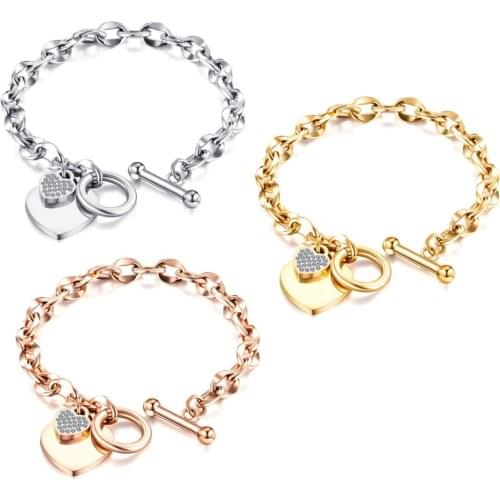 Women Bracelet 18cm Cubic Zirconia Heart Pendant Stainless Steel Jewelry Rose Gold Silver Color