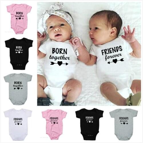Born Together Friends Forever Print Baby Rompers Summer Short Sleeve Jumpsuit Twins Baby Bodysuit Toddler Onesie Ropa Playsuits