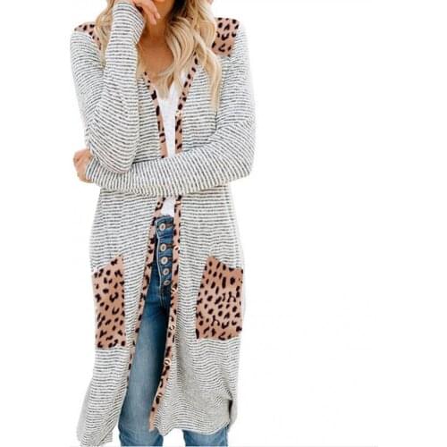 Women Sweater Cardigan Fashion Long Sleeve Open Front Cardigan Leopard Camouflage Pocket Mid-length Sweater Coat