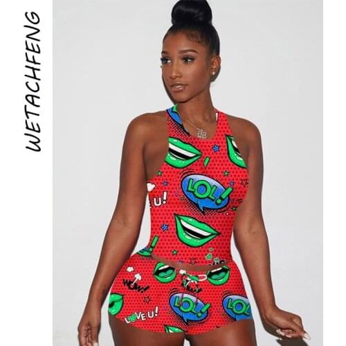 2021 Summer Sexy Tracksuits Womens Cute Cartoon Letter Red Lips Printed Crop Top And Shorts Two Piece Sets Plus Size Clothing