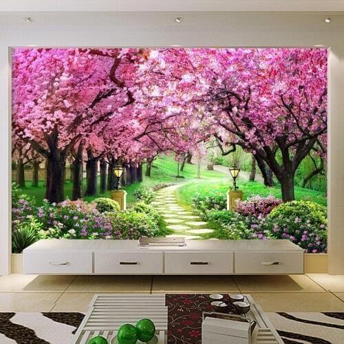Customized Size 3D Wallpaper Cherry Tree Garden Path Landscape Backdrop Wall Mural Living Room Bedroom Papel De Parede Floral 3D