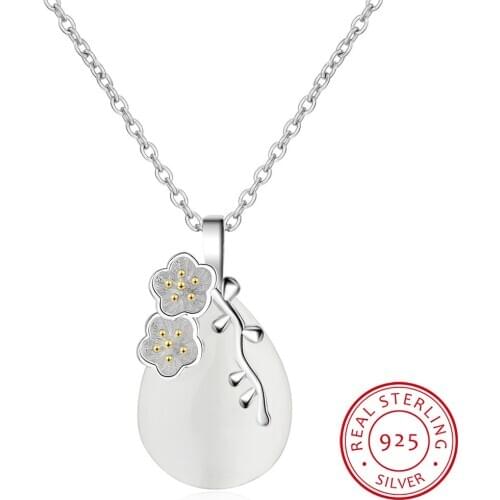 925 Sterling Silver Water-Drop Shaped Love Angle Tear Moonlight Opal Blossom Cherry Flower Pendant Necklace For Women choker