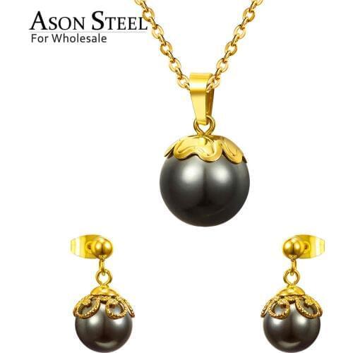 ASONSTEEL Gold Color Bridal Wedding Jewelry Sets for Women 316L Stainless Steel Imitation Pearl Necklace Pendant Drop Earrings