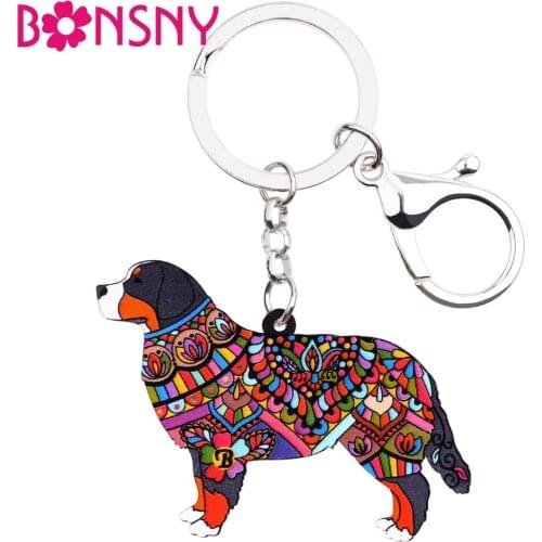 Bonsny Acrylic Dog Jewelry Bernese Mountain Dog Key Chain Key Ring Pom Gift For Women Girl Ladies Pendant Bag Charms Wholesale