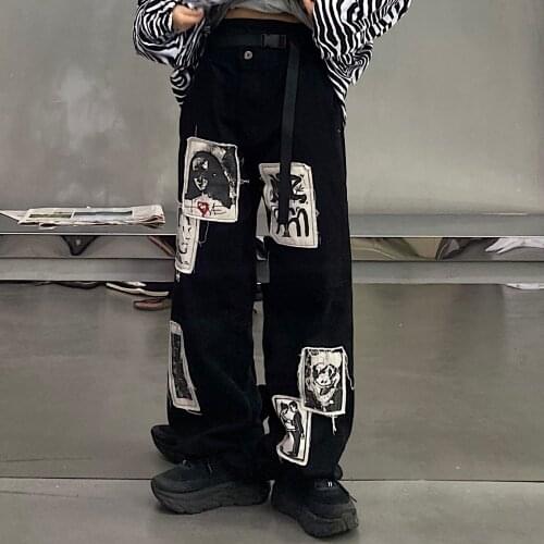 Retro Mens Loose Black Cargo Pants Straight Patch Appliques Long Trousers Casual Vintage