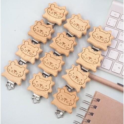 Chenkai 5PCS Wood bear Pacifier Clip Nature Baby Rattle Teether Grasping Toy DIY Organic Eco-friendly Wood Teething Accessory