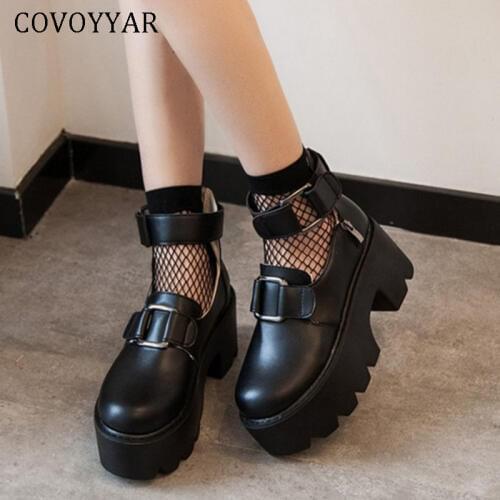 COVOYYAR 2019 Platform Women Shoes Chunky Heel Sexy Black Woman Pumps 7cm Ankle Strap Casual Lady High Heels WHH150