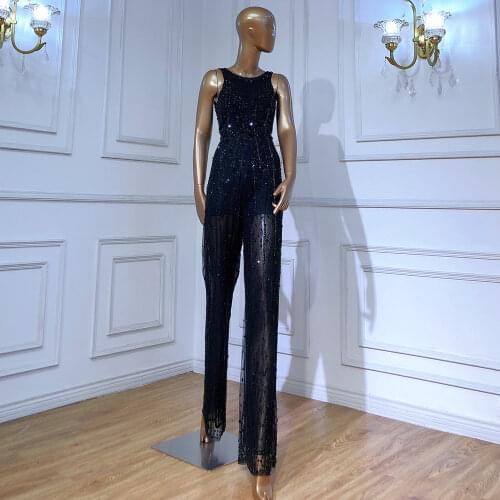 Champagne Grey O-Neck Jumpsuit Luxury Evening Dresses 2020 Sleeveless Sequined Sexy Formal Dress Serene Hill LA70239
