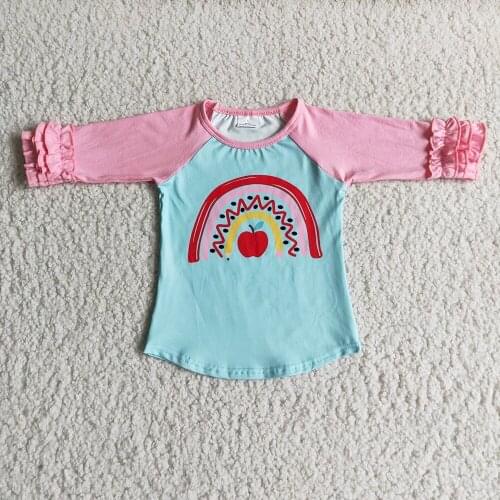 Kids Three Quarter Icing Ruffle Sleeve Raglan Shirt Cute Girls Rainbow And Apple Print Top For Back To School