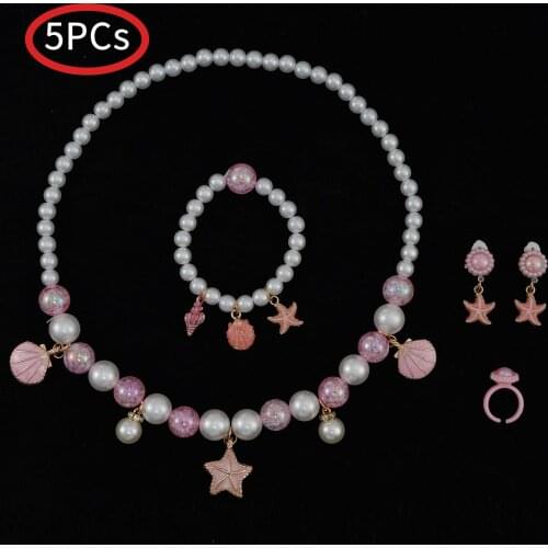 Kids Girls Pearl Necklace Jewelry Set Birthday Gift Cute Princess Shell Necklace Collar Bracelet Cosplay Party Costume Accessory