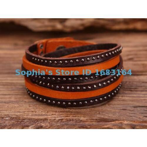 G85 Yellow Retro Rock Stud Double Wrap Top Grain Leather Wristband Bracelet Cuff Mens