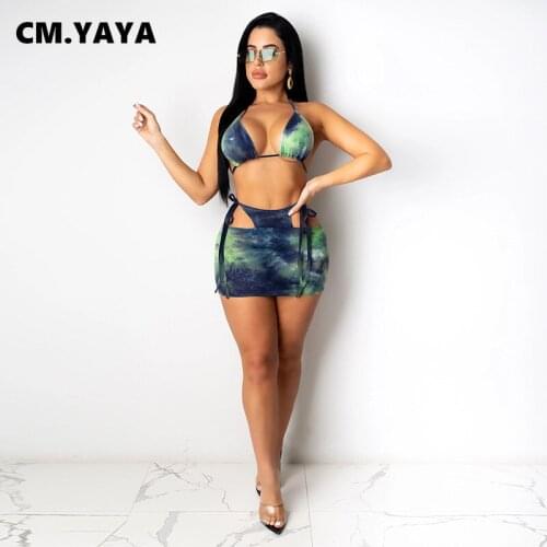 CM.YAYA Women Tie Dye Biniki Set for Swimwear Bra Top and Midi Skirts Swimsuit