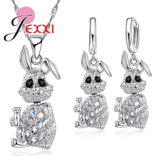 Exquisite Full Clear African AAA Crystal Rabbit Drop Pendant Necklace Earrings 925 Sterling Silver Jewelry Sets Bijoux