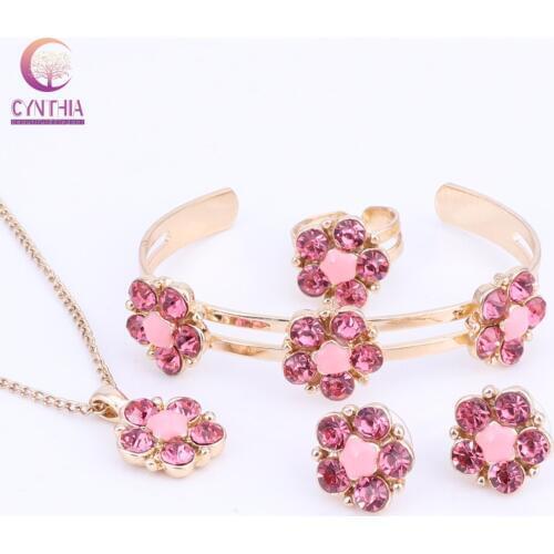 RED Color Plum blossom costume jewelry for kids girls gold color Childrens Earring Necklace Bracelet Ring Set
