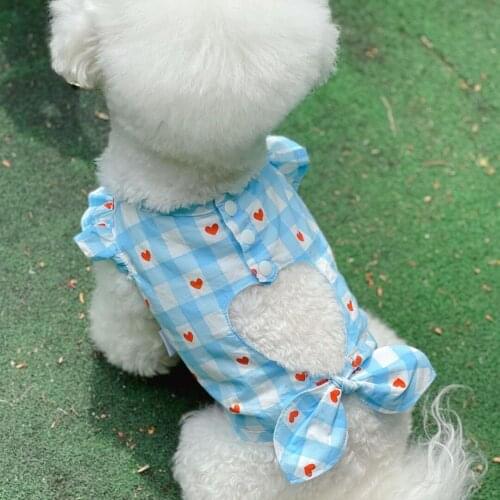 Plaid Love Heart Bow Summer Dog Dress Yellow Blue Skirt Teddy Clothes Princess Cat Dress Clothes for Small Dogs Puppy Dress Girl
